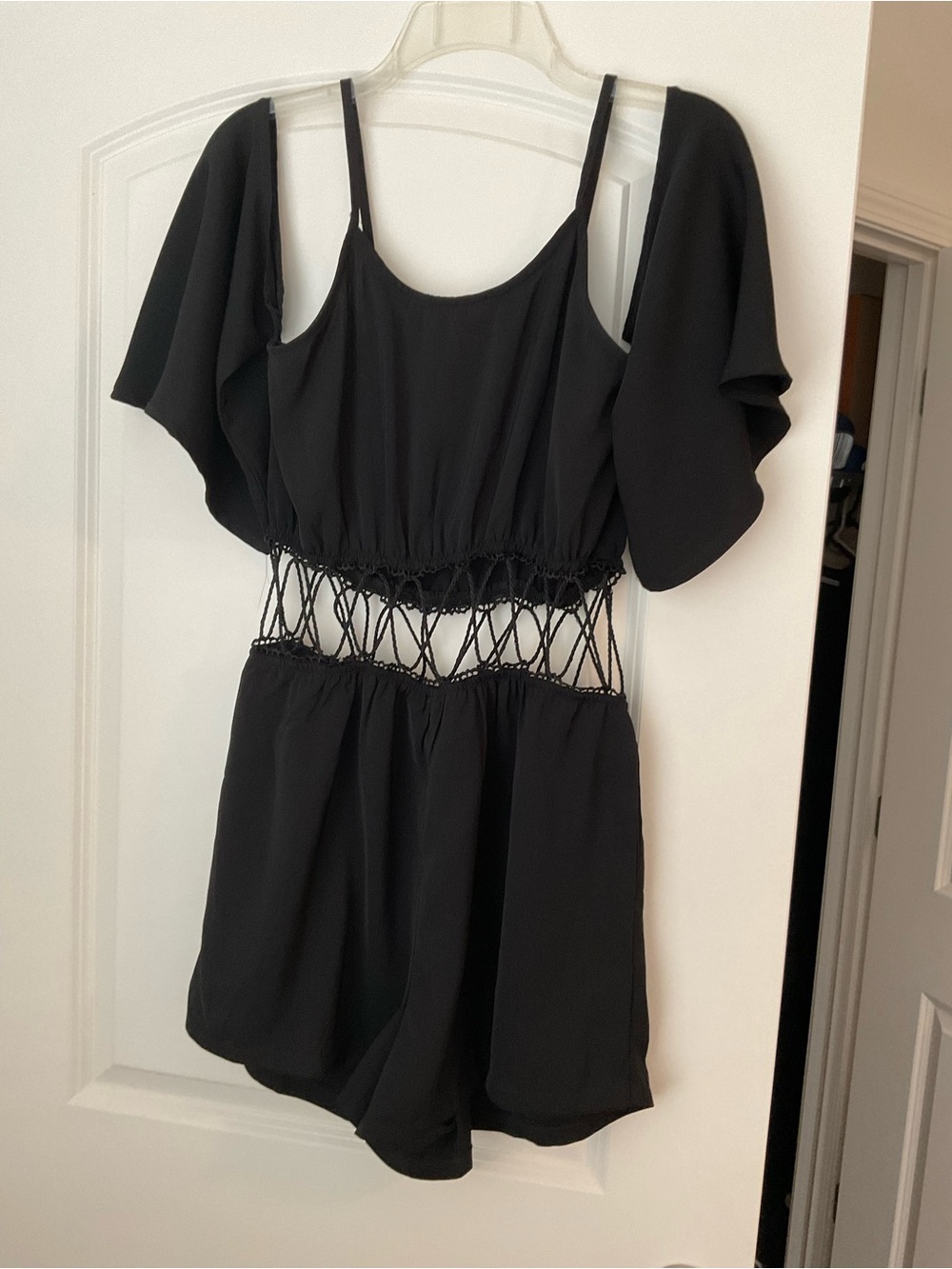 Black Cutout Romper with Crochet Waist